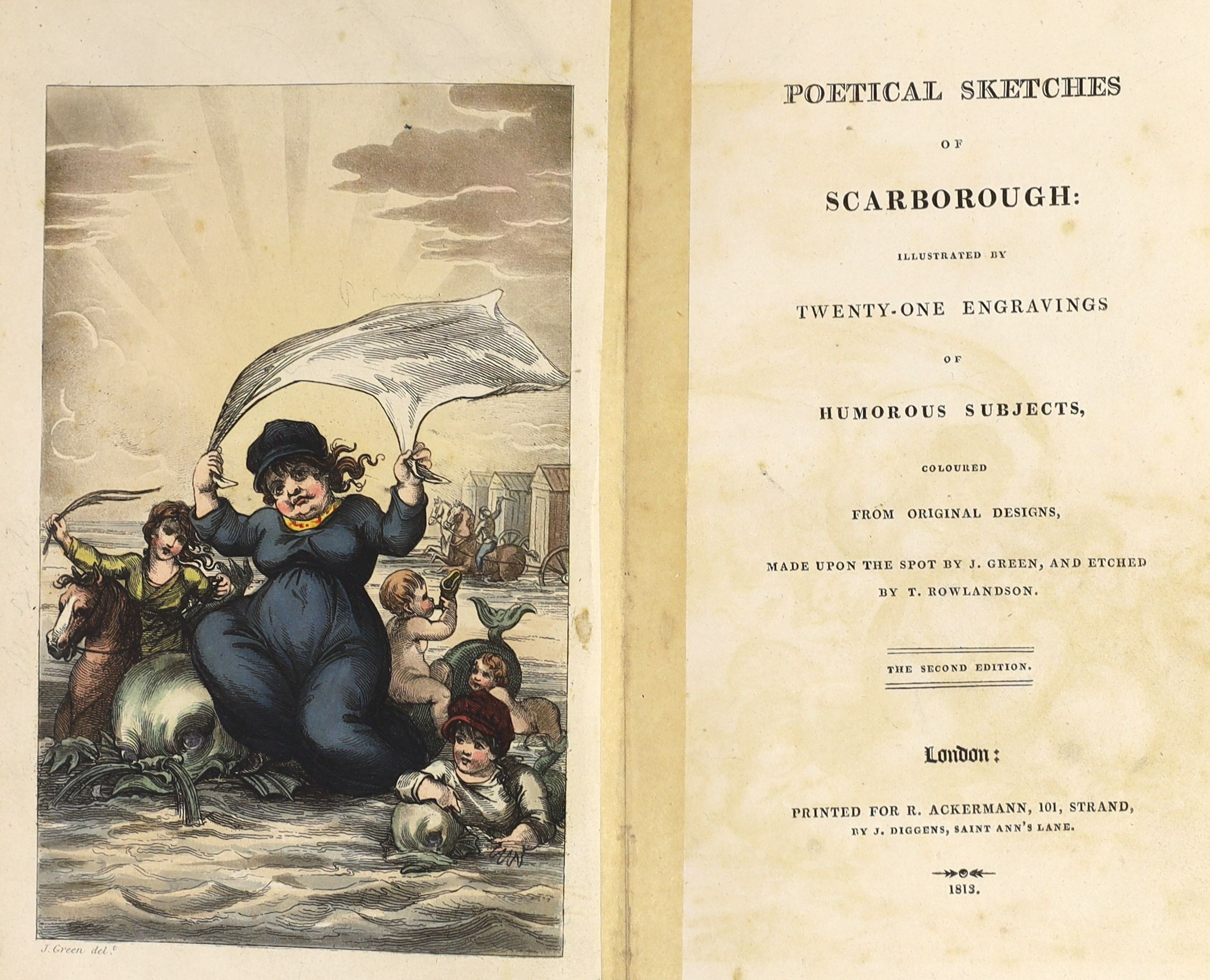 Ackermann Publications, Rudolph - Poetical Sketches of Scarborough, 2nd edition, with frontis and 21 hand-coloured plates by Thomas Rowlandson, 8vo, half green morocco, London, 1813 and Combe, William - Syntax Imitations